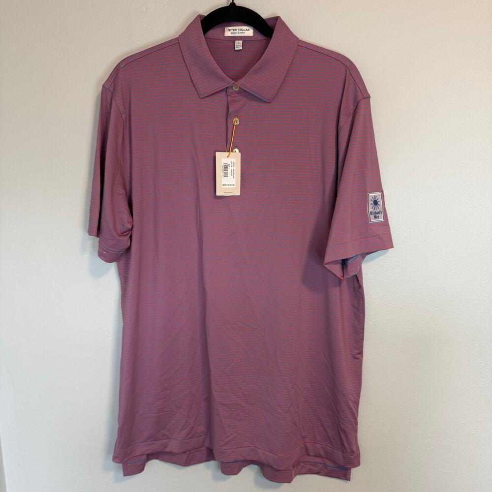 Peter Millar Summer Comfort Golf Polo Shirt Men’s Large Red Blue Stripe New NWT